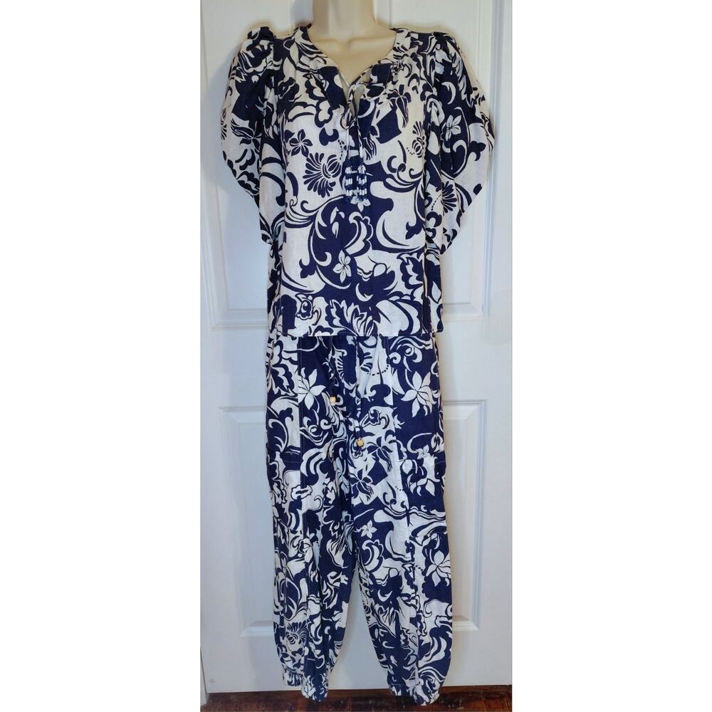 Christian Siriano Blue White Floral Resort Lounge Set Small Beaded Boho Linen - Picture 2 of 16